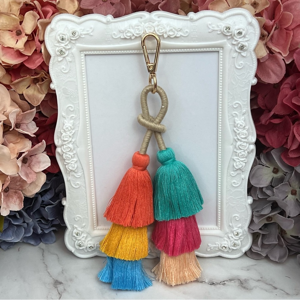 Boho Extra Long Multi Tier Colorful Fringe Purse Charm - Picture 2 of 16